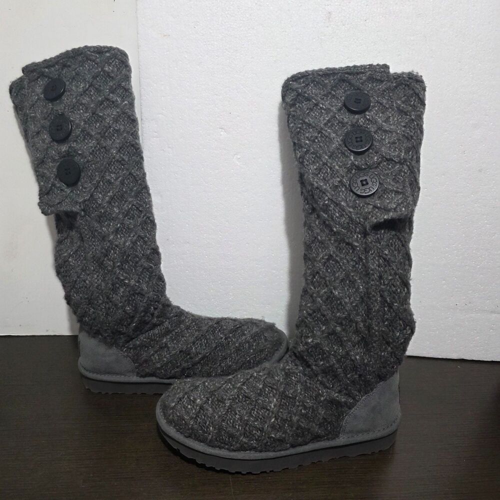 UGG Australia Women's Charcoal Grey Cable Knit Button Cardy Tall Boots Size 9